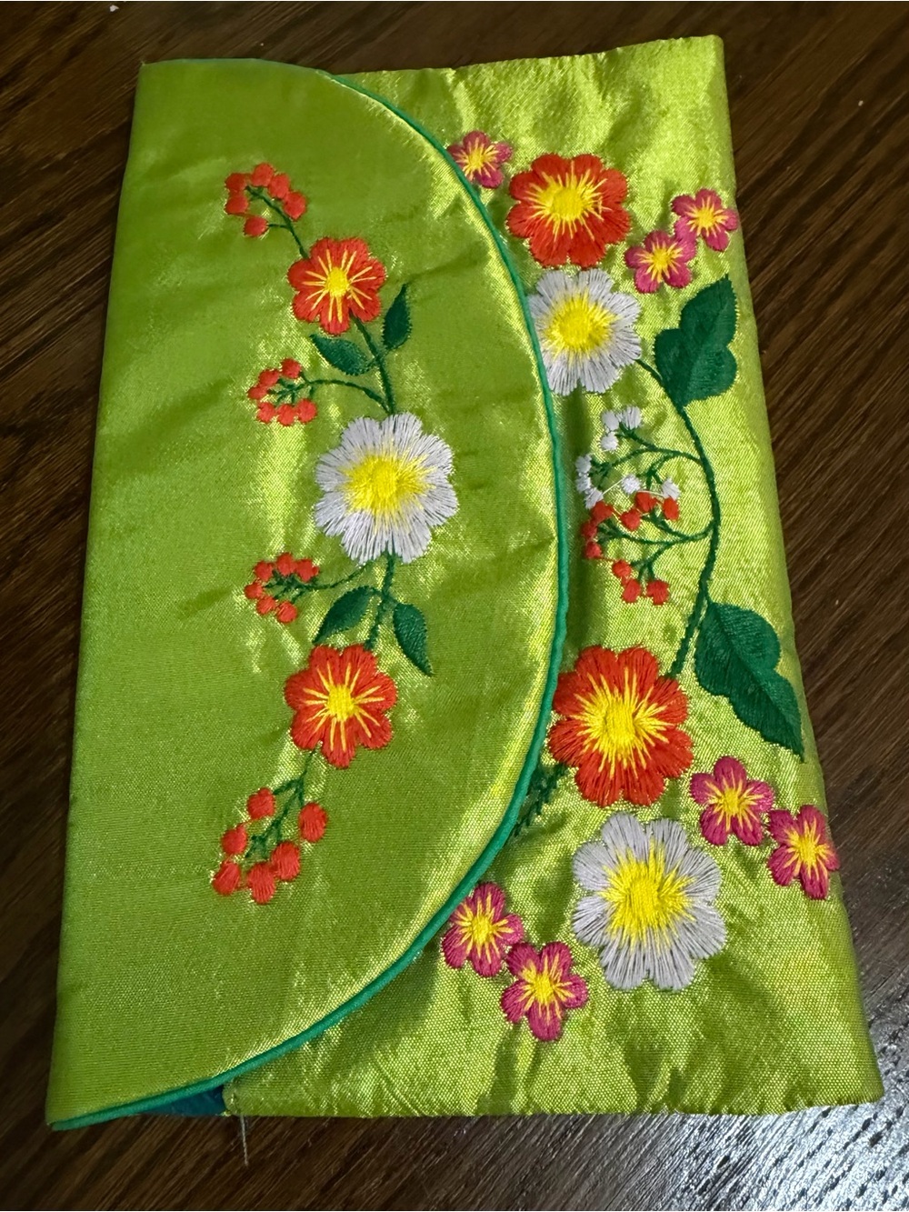 Lime Green Handmade Embroidered Silk Floral Wallet Clutch